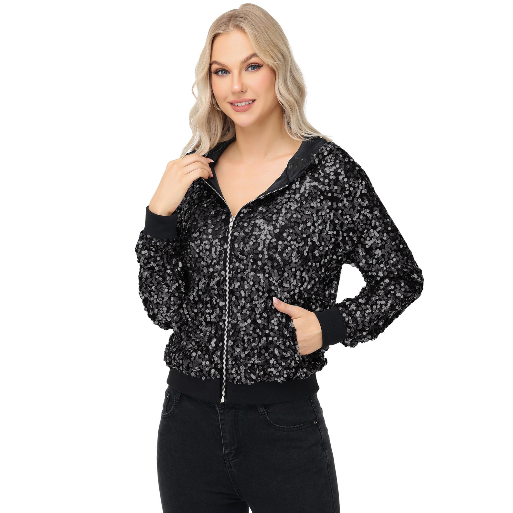 Anna-Kaci Women's Zip-Up Hoodie Jacket with Allover Sequin Embellishments and Ribbed Trim