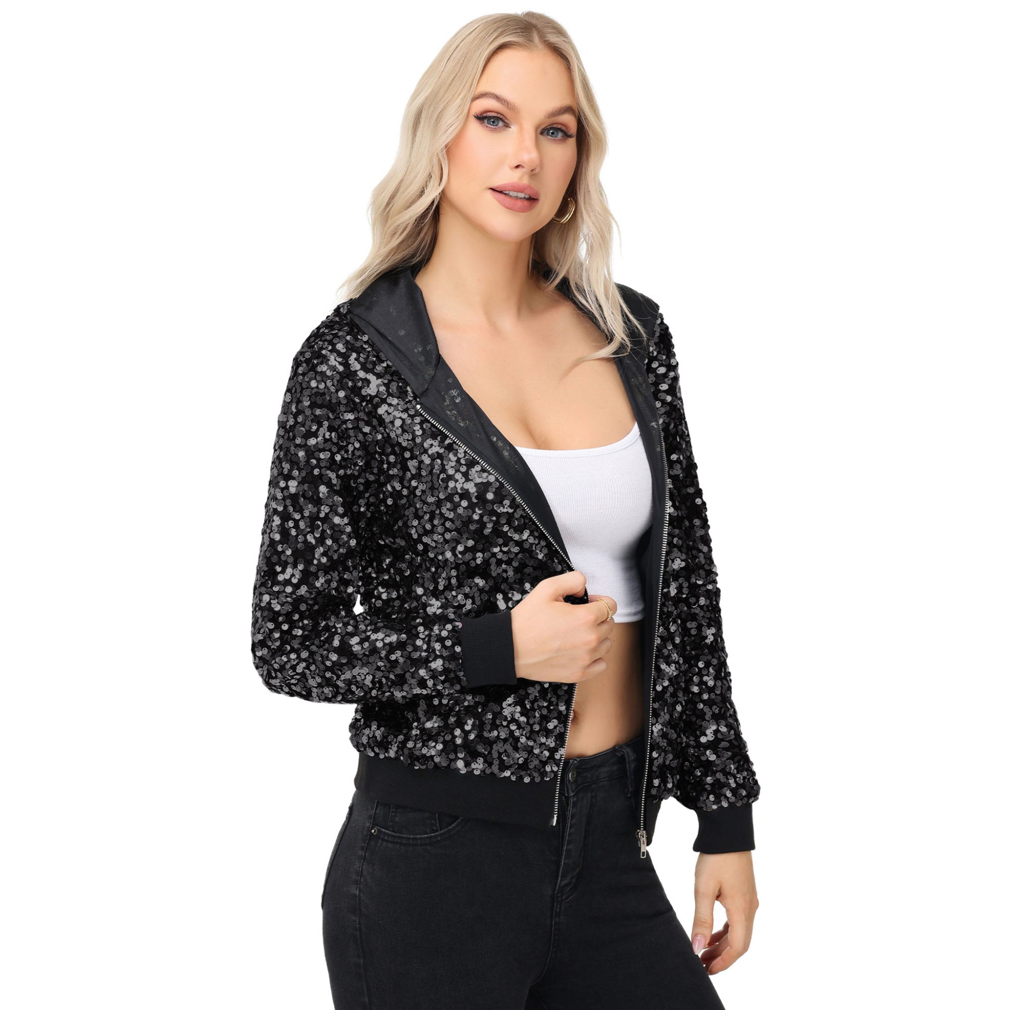 Anna-Kaci Women's Zip-Up Hoodie Jacket with Allover Sequin Embellishments and Ribbed Trim