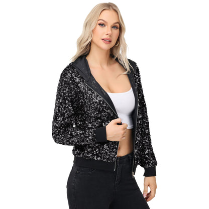 Anna-Kaci Women's Zip-Up Hoodie Jacket with Allover Sequin Embellishments and Ribbed Trim