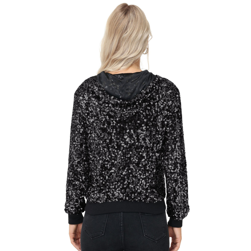 Anna-Kaci Women's Zip-Up Hoodie Jacket with Allover Sequin Embellishments and Ribbed Trim