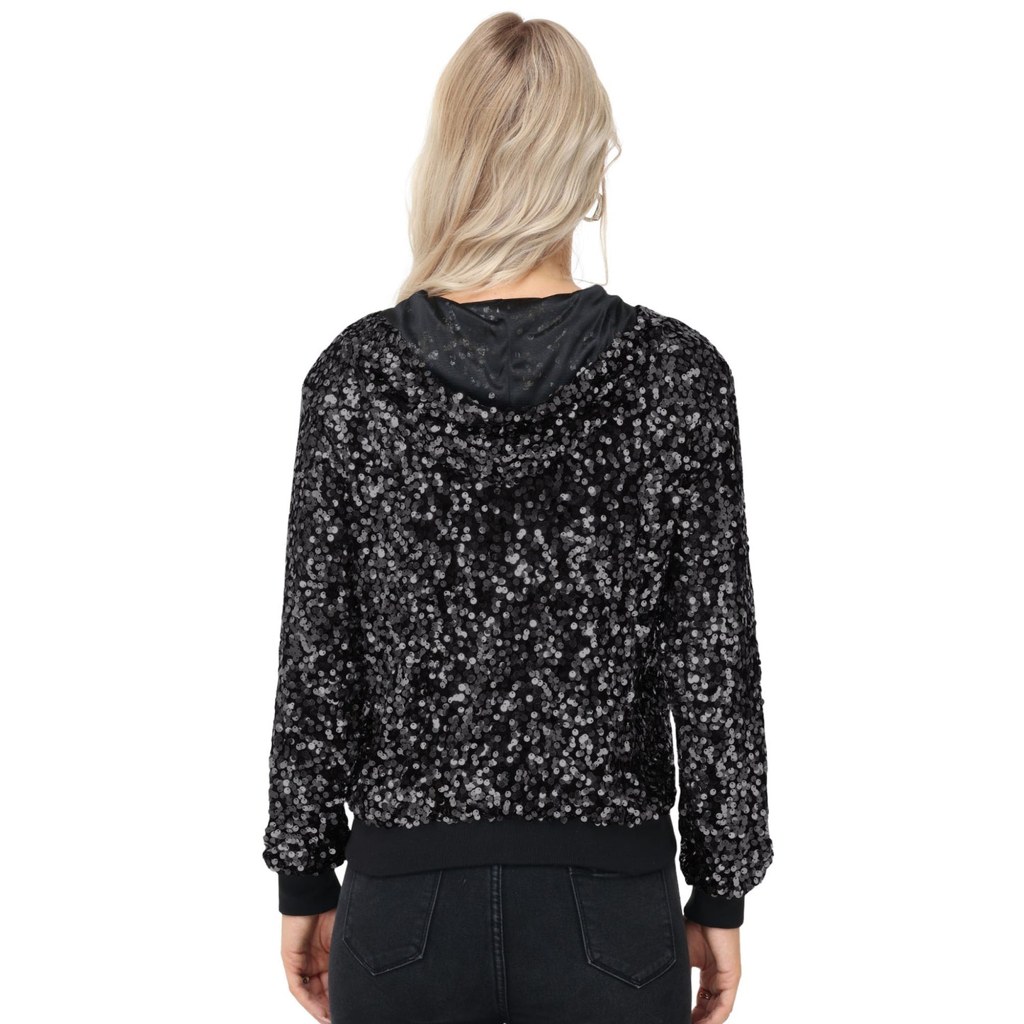 Anna-Kaci Women's Zip-Up Hoodie Jacket with Allover Sequin Embellishments and Ribbed Trim