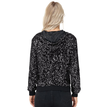 Anna-Kaci Women's Zip-Up Hoodie Jacket with Allover Sequin Embellishments and Ribbed Trim