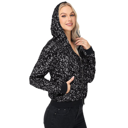 Anna-Kaci Women's Zip-Up Hoodie Jacket with Allover Sequin Embellishments and Ribbed Trim
