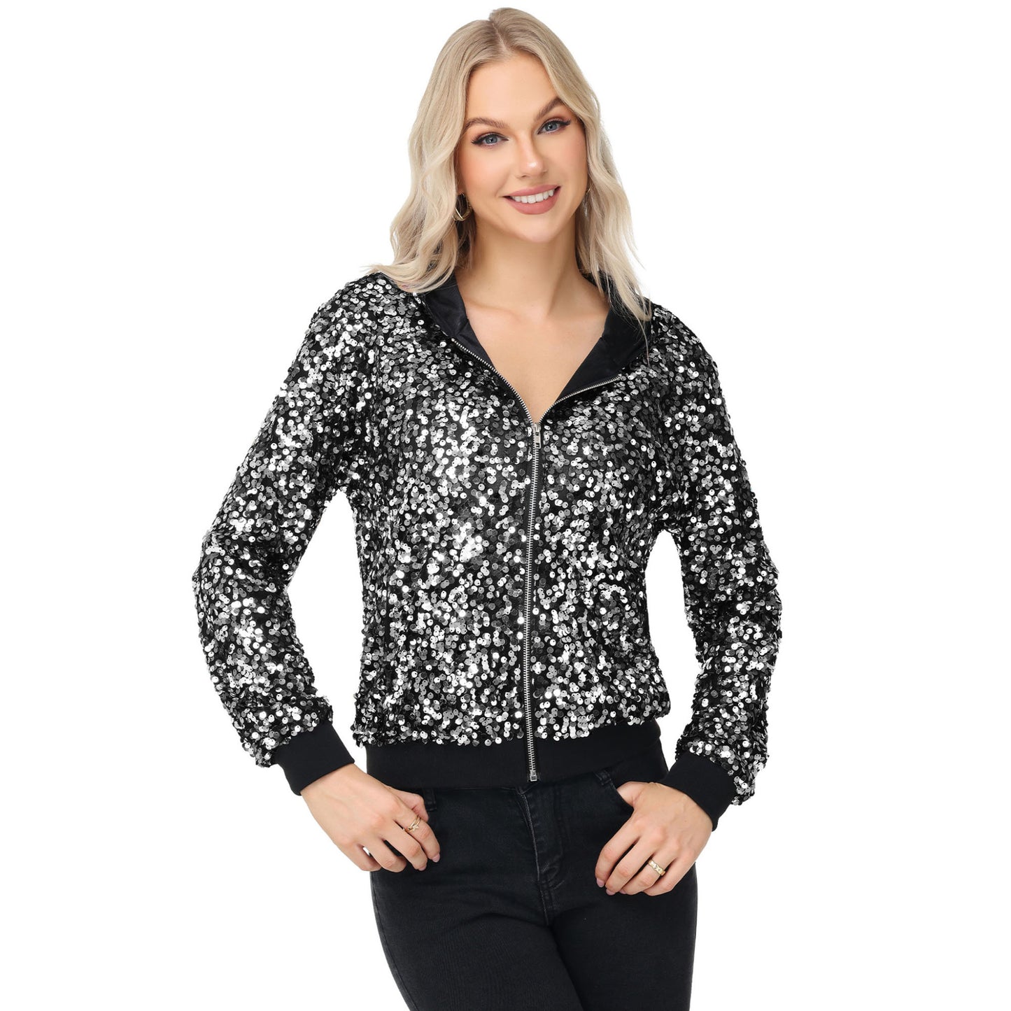 Anna-Kaci Women's Zip-Up Hoodie Jacket with Allover Sequin Embellishments and Ribbed Trim