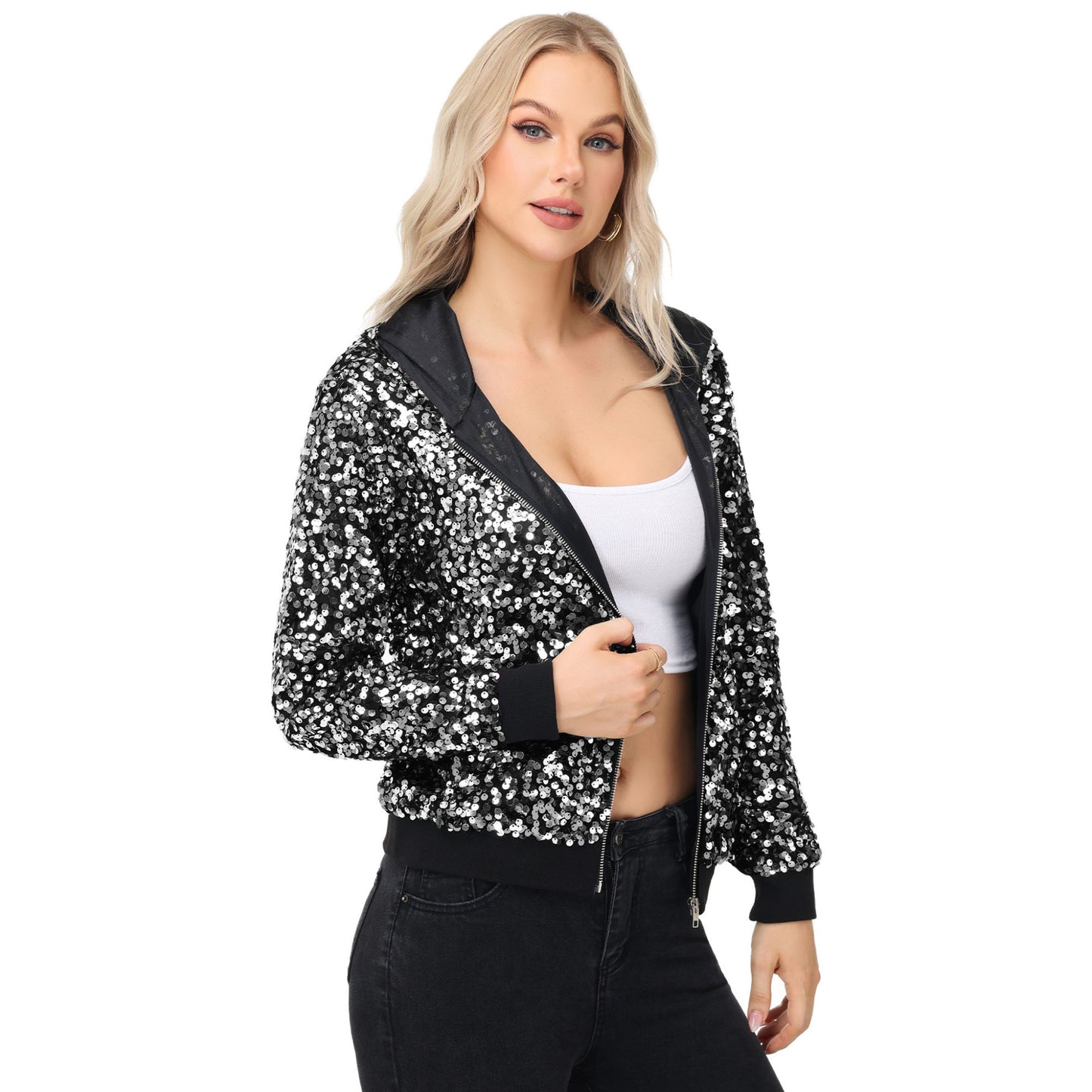 Anna-Kaci Women's Zip-Up Hoodie Jacket with Allover Sequin Embellishments and Ribbed Trim