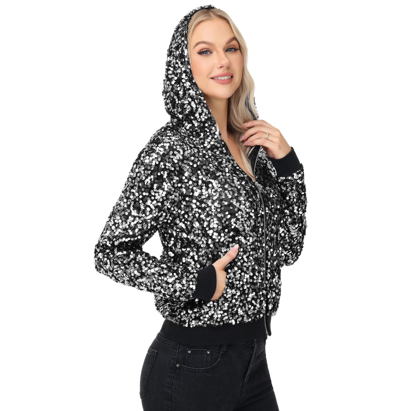Anna-Kaci Women's Zip-Up Hoodie Jacket with Allover Sequin Embellishments and Ribbed Trim