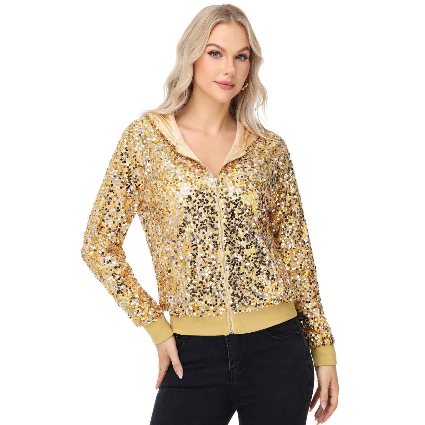 Anna-Kaci Women's Zip-Up Hoodie Jacket with Allover Sequin Embellishments and Ribbed Trim