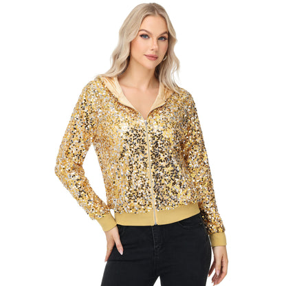 Anna-Kaci Women's Zip-Up Hoodie Jacket with Allover Sequin Embellishments and Ribbed Trim
