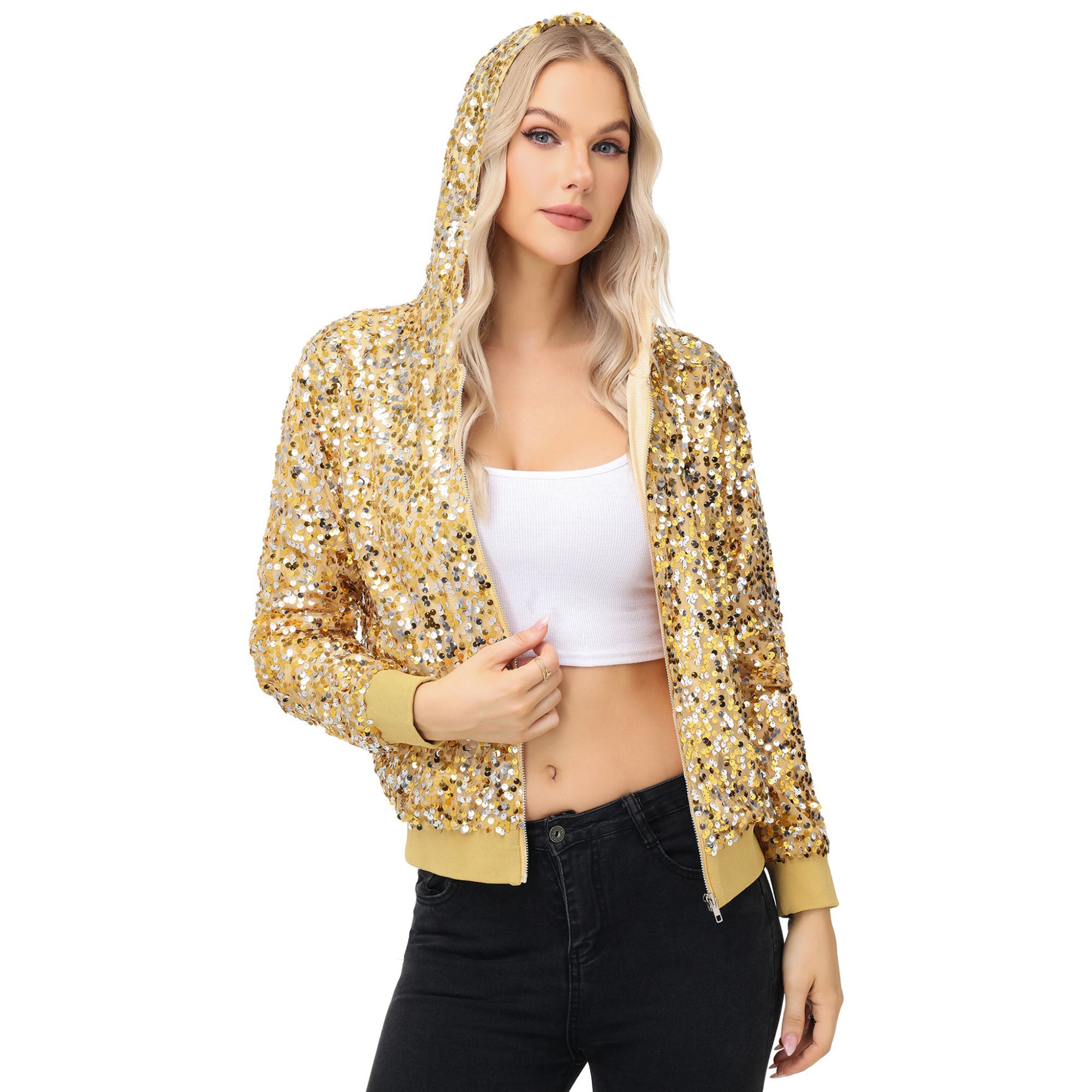 Anna-Kaci Women's Zip-Up Hoodie Jacket with Allover Sequin Embellishments and Ribbed Trim