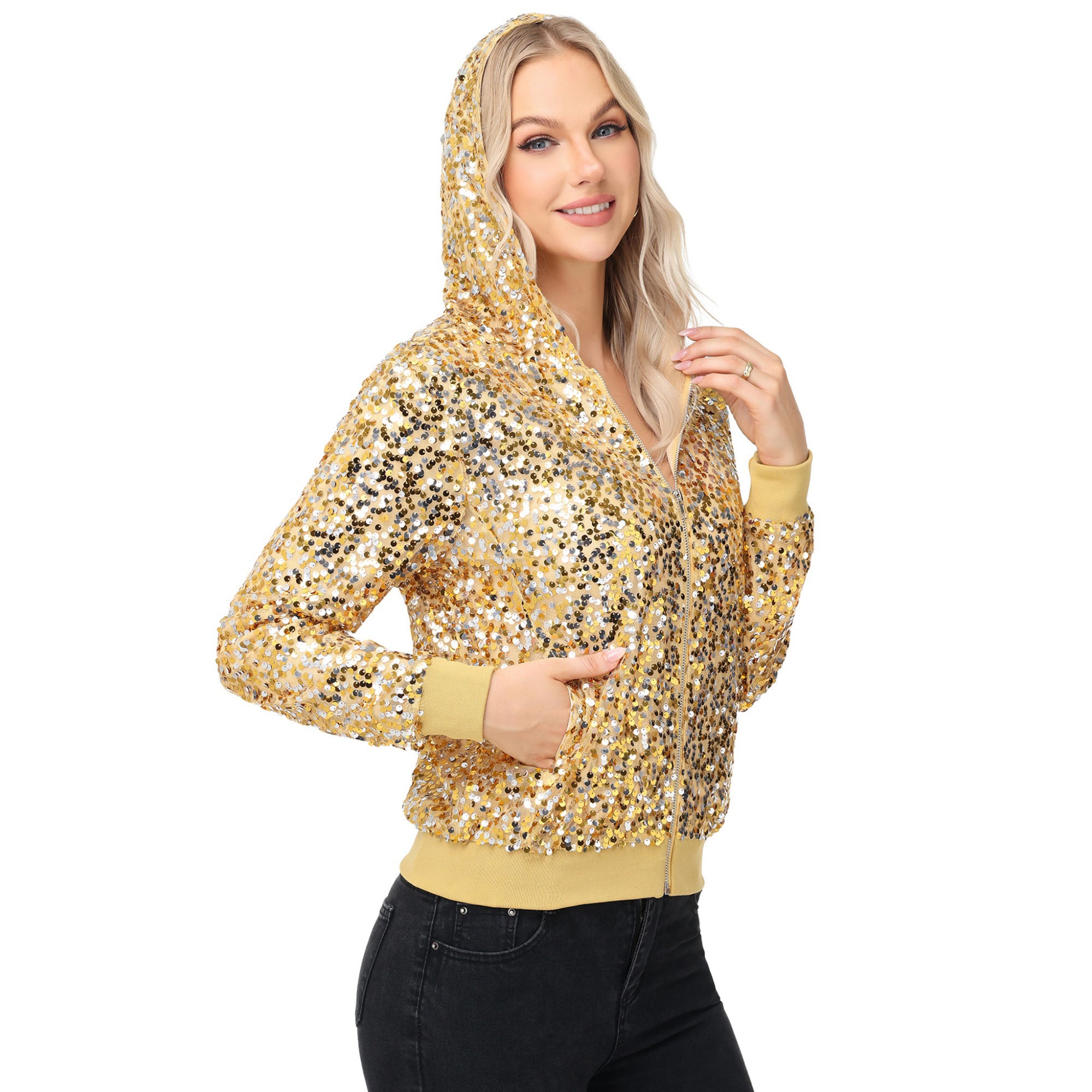 Anna-Kaci Women's Zip-Up Hoodie Jacket with Allover Sequin Embellishments and Ribbed Trim