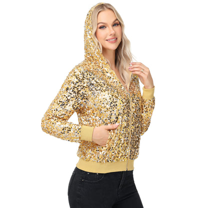 Anna-Kaci Women's Zip-Up Hoodie Jacket with Allover Sequin Embellishments and Ribbed Trim