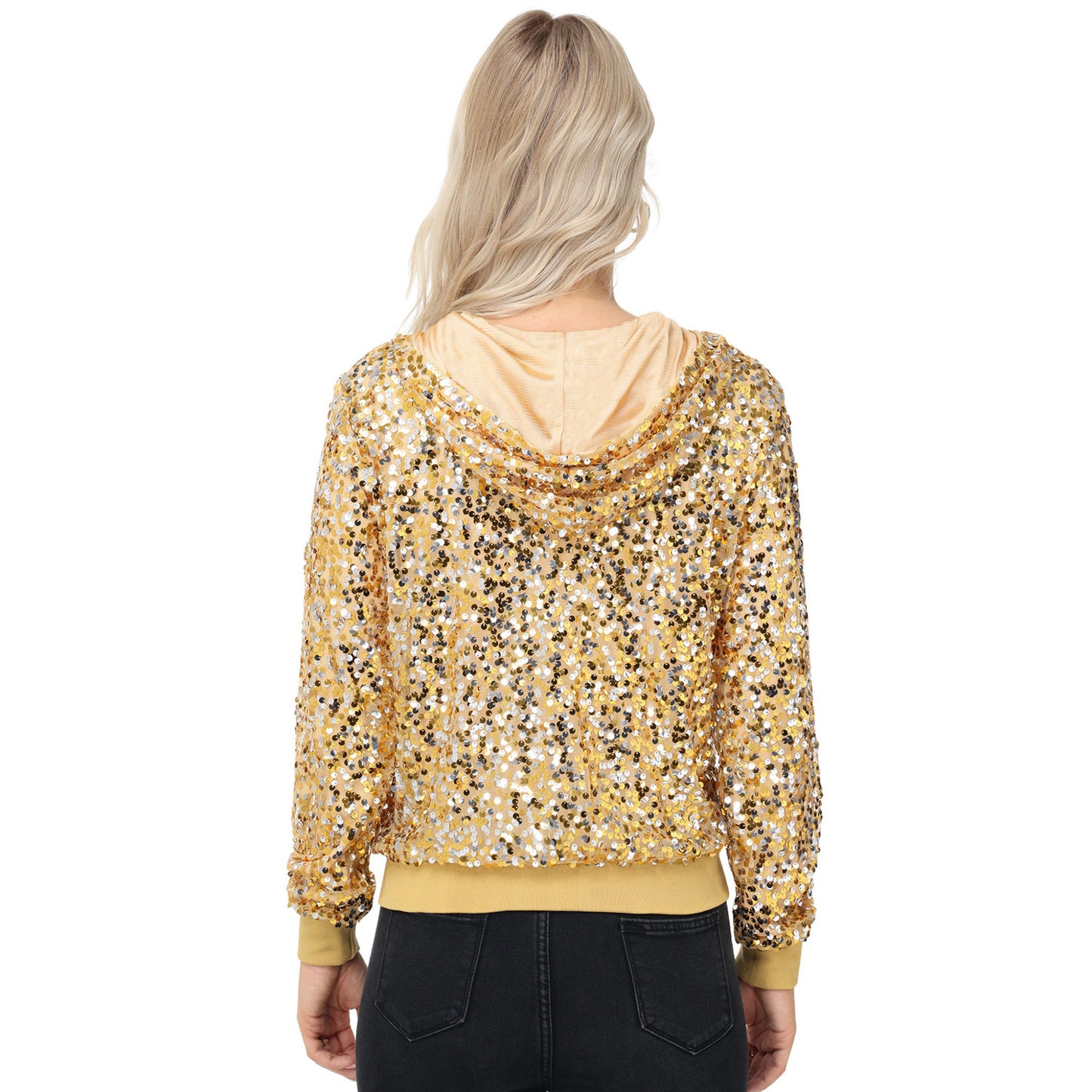 Anna-Kaci Women's Zip-Up Hoodie Jacket with Allover Sequin Embellishments and Ribbed Trim