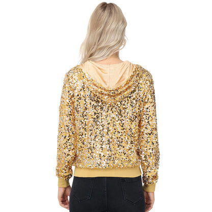 Anna-Kaci Women's Zip-Up Hoodie Jacket with Allover Sequin Embellishments and Ribbed Trim