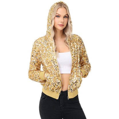Anna-Kaci Women's Zip-Up Hoodie Jacket with Allover Sequin Embellishments and Ribbed Trim