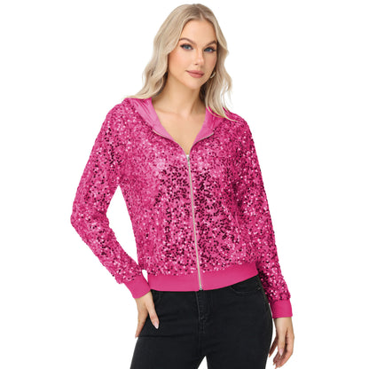 Anna-Kaci Women's Zip-Up Hoodie Jacket with Allover Sequin Embellishments and Ribbed Trim