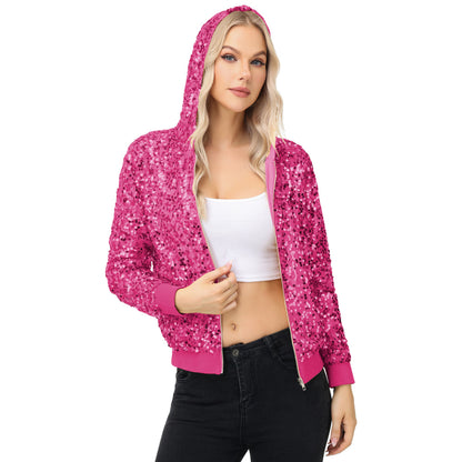 Anna-Kaci Women's Zip-Up Hoodie Jacket with Allover Sequin Embellishments and Ribbed Trim