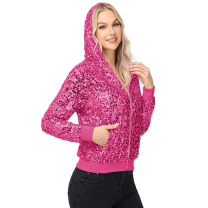 Anna-Kaci Women's Zip-Up Hoodie Jacket with Allover Sequin Embellishments and Ribbed Trim