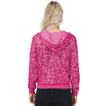 Anna-Kaci Women's Zip-Up Hoodie Jacket with Allover Sequin Embellishments and Ribbed Trim