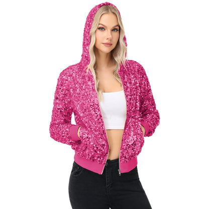 Anna-Kaci Women's Zip-Up Hoodie Jacket with Allover Sequin Embellishments and Ribbed Trim