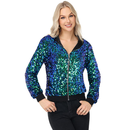 Anna-Kaci Women's Zip-Up Hoodie Jacket with Allover Sequin Embellishments and Ribbed Trim