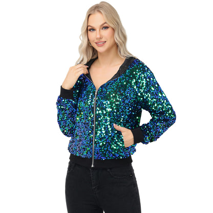 Anna-Kaci Women's Zip-Up Hoodie Jacket with Allover Sequin Embellishments and Ribbed Trim