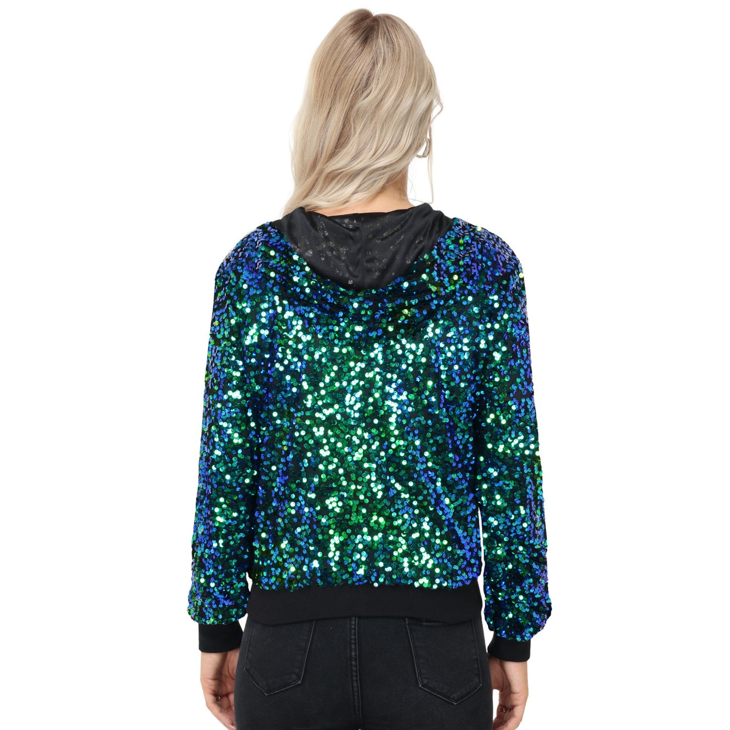 Anna-Kaci Women's Zip-Up Hoodie Jacket with Allover Sequin Embellishments and Ribbed Trim