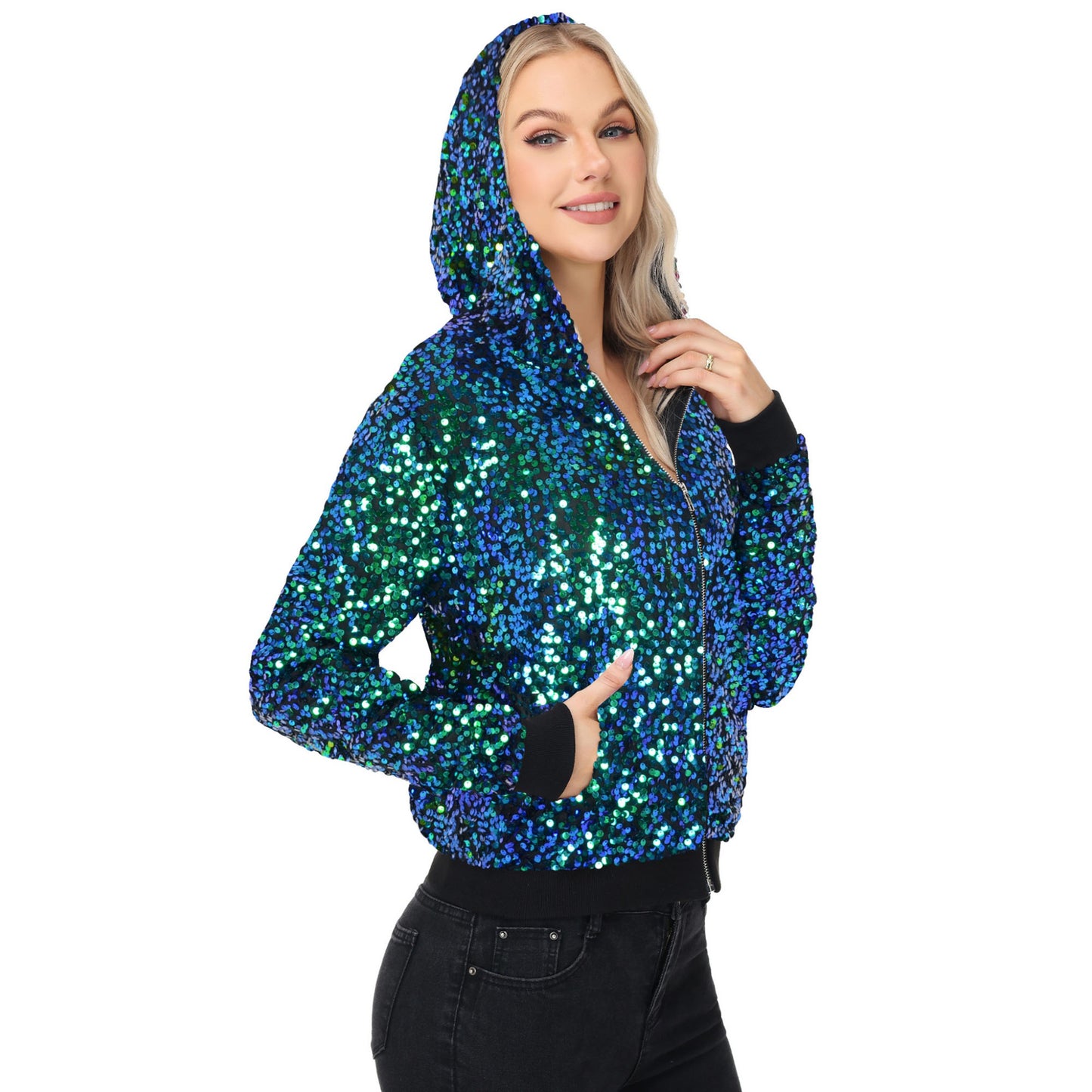 Anna-Kaci Women's Zip-Up Hoodie Jacket with Allover Sequin Embellishments and Ribbed Trim