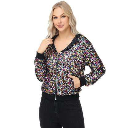 Anna-Kaci Women's Zip-Up Hoodie Jacket with Allover Sequin Embellishments and Ribbed Trim