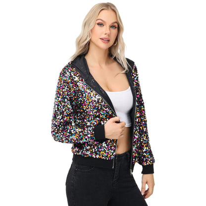 Anna-Kaci Women's Zip-Up Hoodie Jacket with Allover Sequin Embellishments and Ribbed Trim