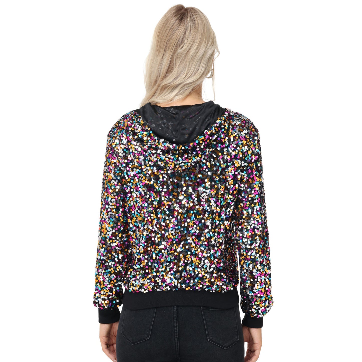 Anna-Kaci Women's Zip-Up Hoodie Jacket with Allover Sequin Embellishments and Ribbed Trim