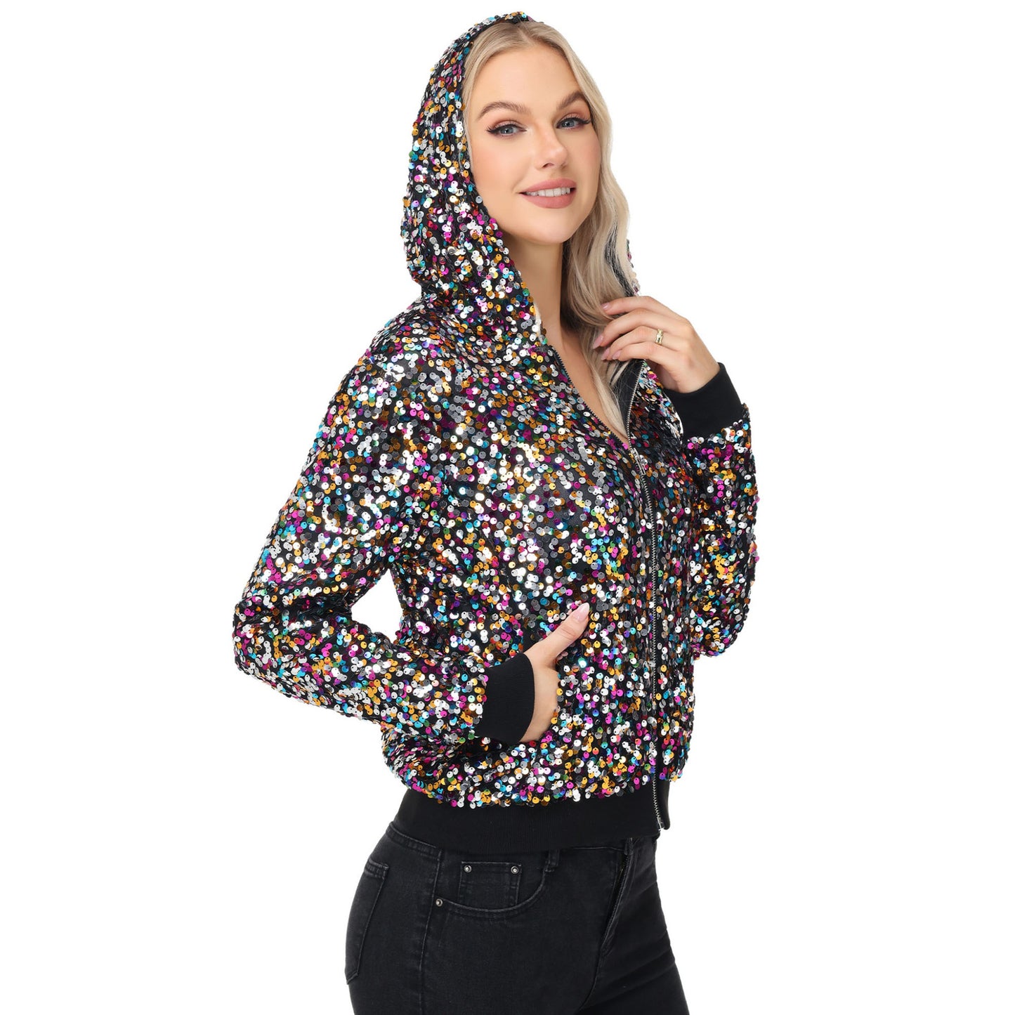 Anna-Kaci Women's Zip-Up Hoodie Jacket with Allover Sequin Embellishments and Ribbed Trim