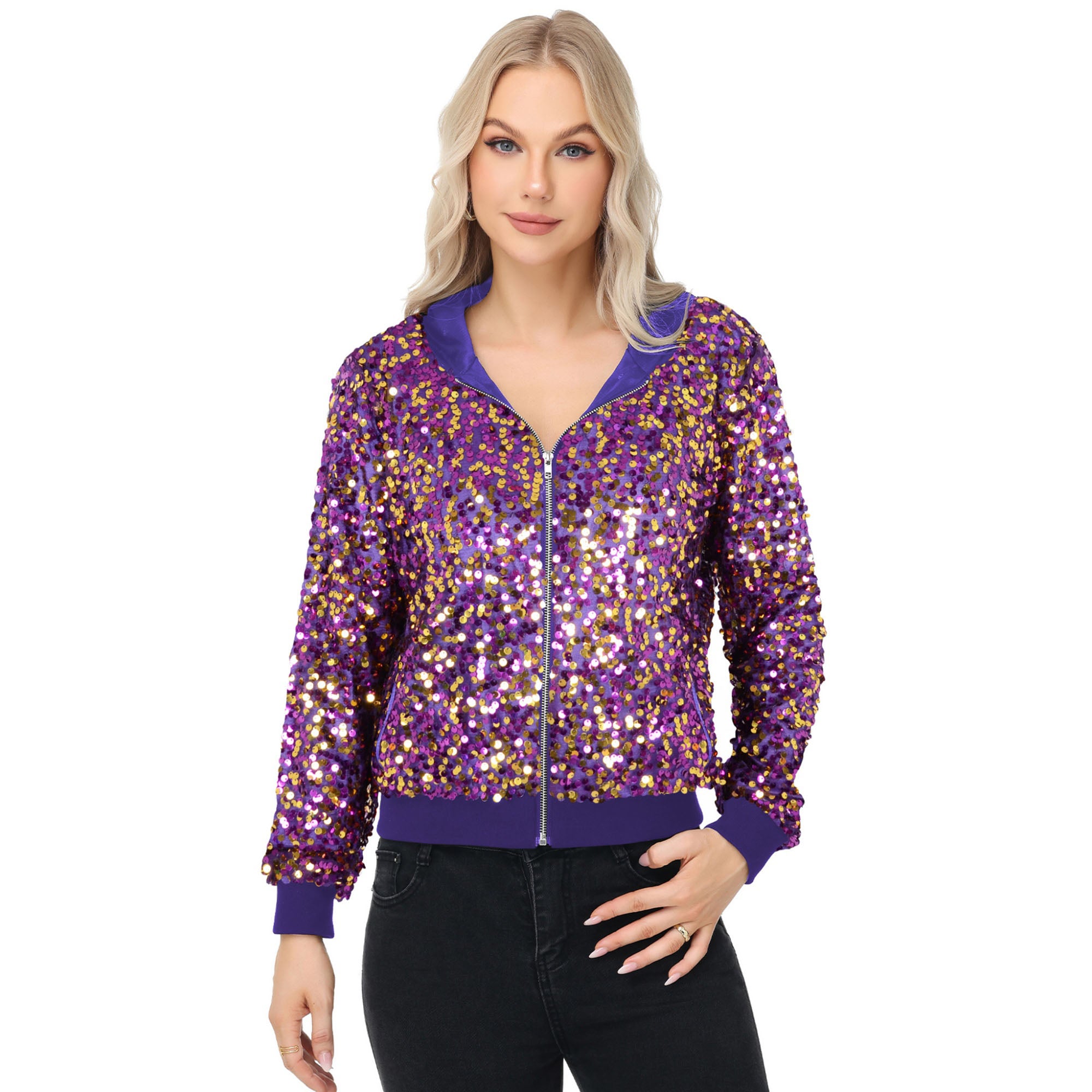 Anna-Kaci Women's Zip-Up Hoodie Jacket with Allover Sequin Embellishments and Ribbed Trim