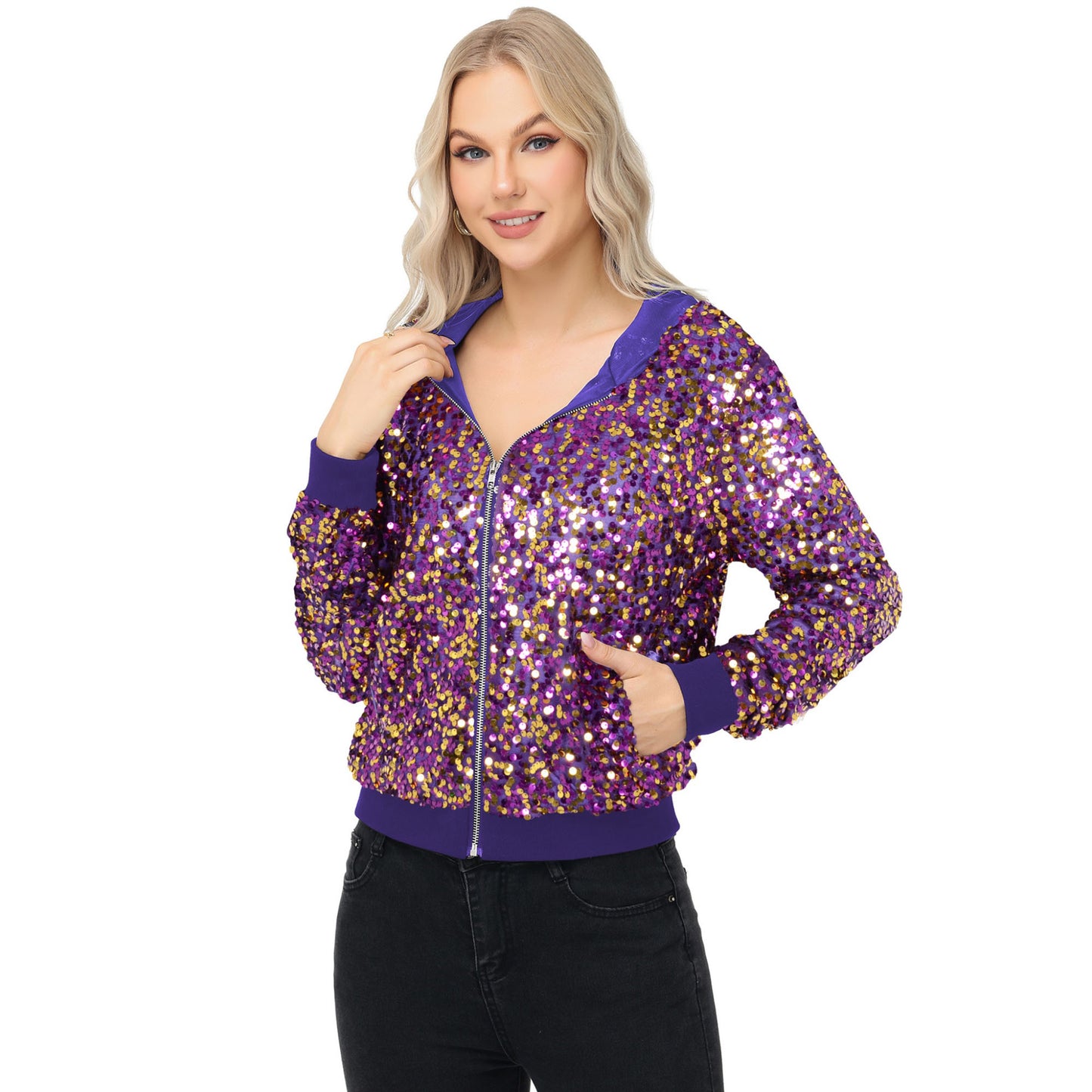 Anna-Kaci Women's Zip-Up Hoodie Jacket with Allover Sequin Embellishments and Ribbed Trim