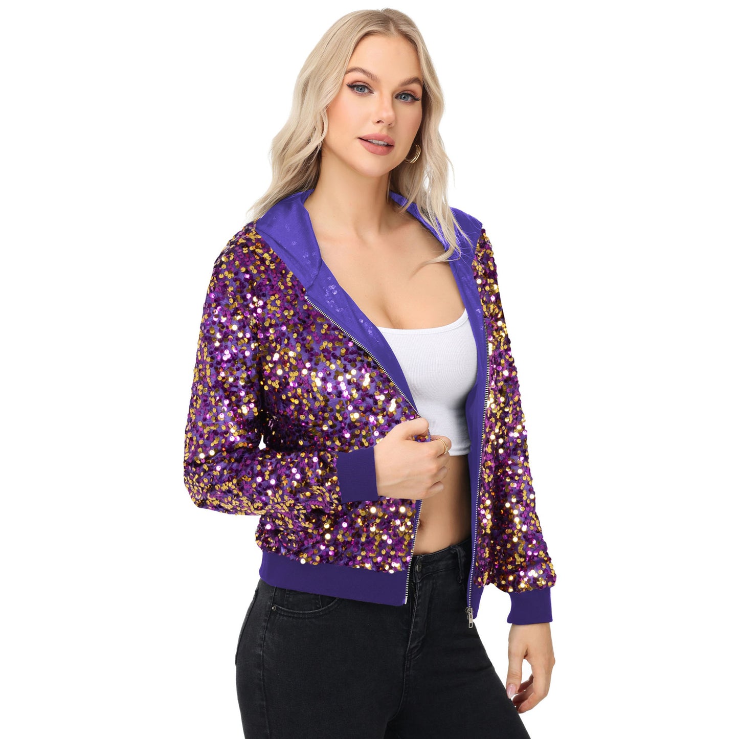 Anna-Kaci Women's Zip-Up Hoodie Jacket with Allover Sequin Embellishments and Ribbed Trim