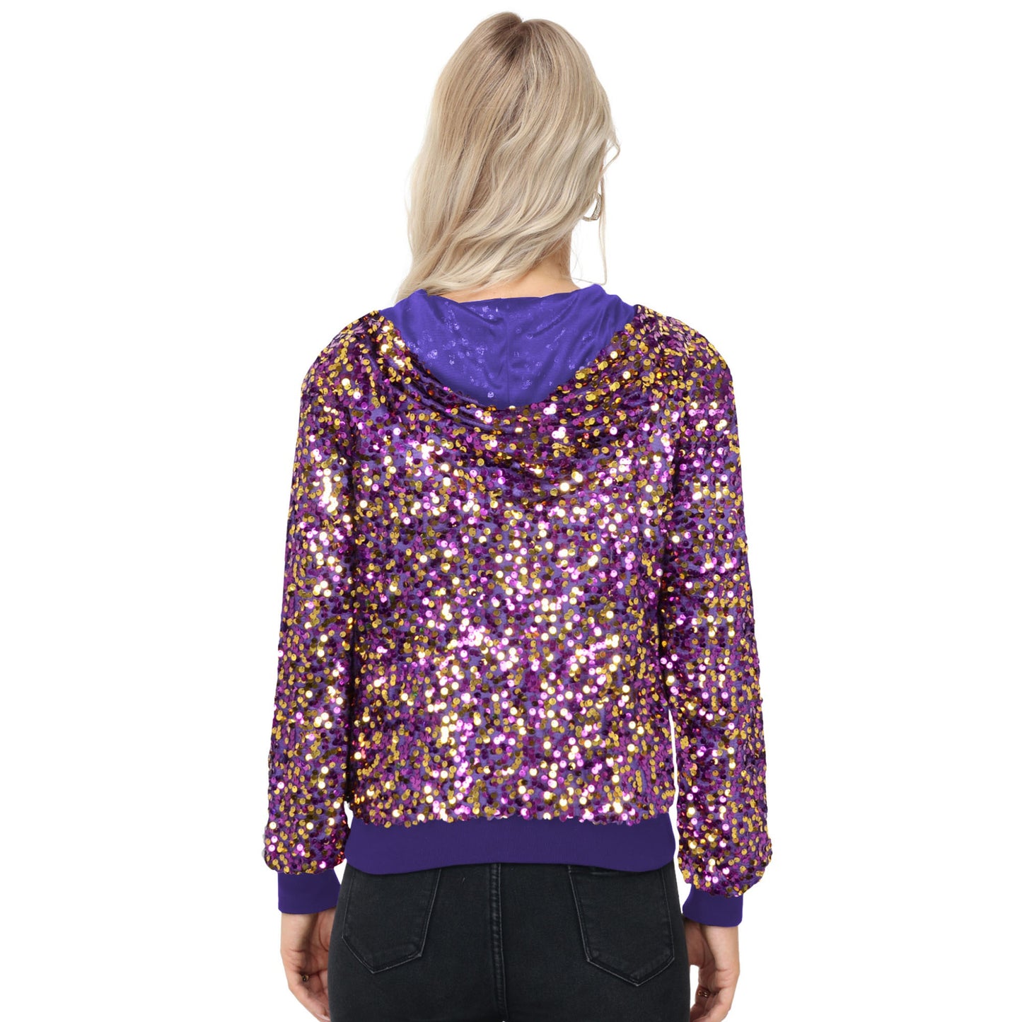 Anna-Kaci Women's Zip-Up Hoodie Jacket with Allover Sequin Embellishments and Ribbed Trim