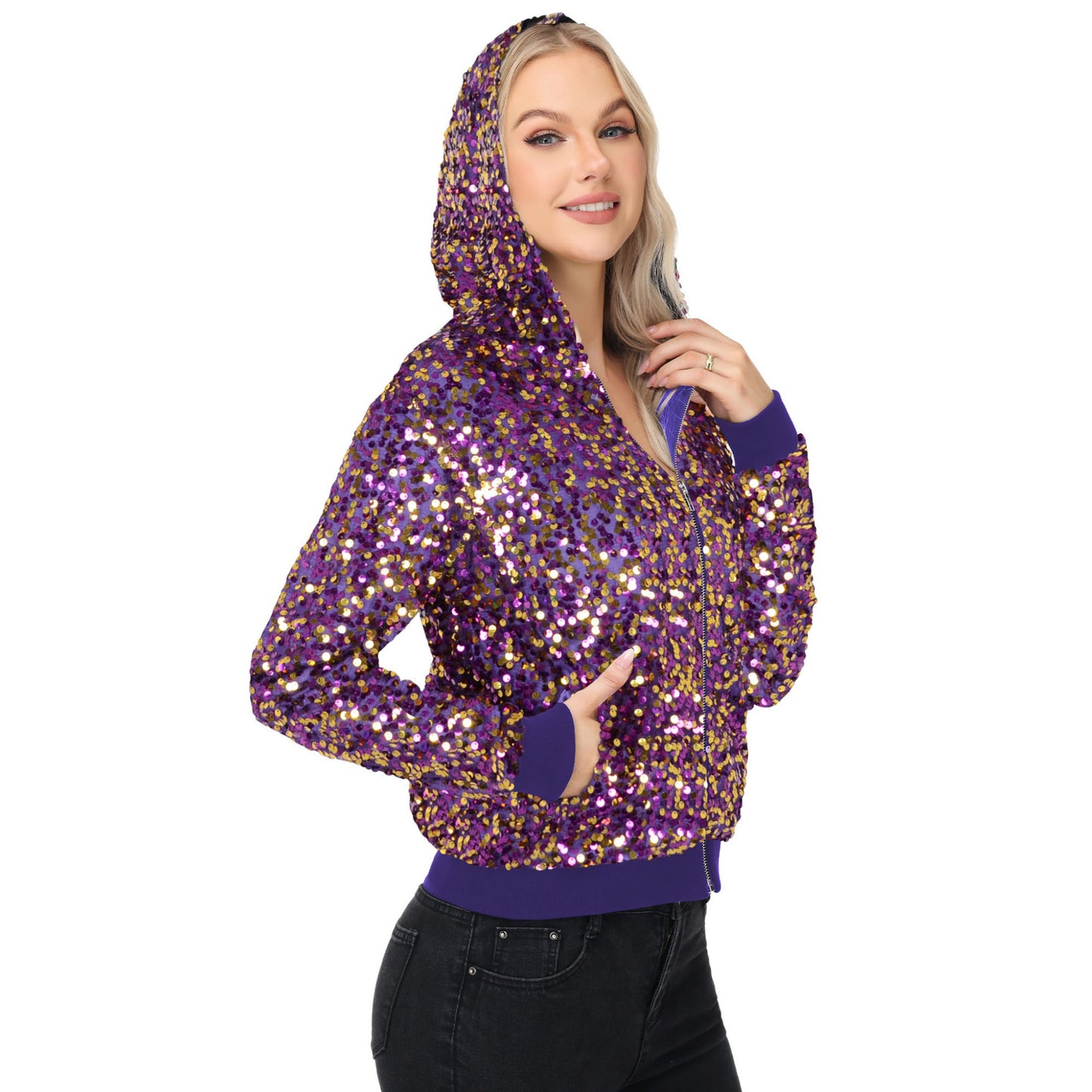 Anna-Kaci Women's Zip-Up Hoodie Jacket with Allover Sequin Embellishments and Ribbed Trim