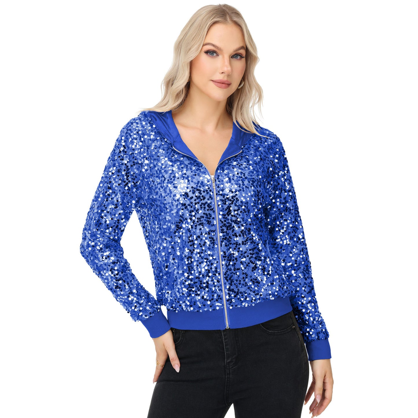 Anna-Kaci Women's Zip-Up Hoodie Jacket with Allover Sequin Embellishments and Ribbed Trim