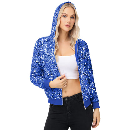 Anna-Kaci Women's Zip-Up Hoodie Jacket with Allover Sequin Embellishments and Ribbed Trim