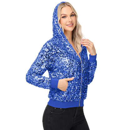 Anna-Kaci Women's Zip-Up Hoodie Jacket with Allover Sequin Embellishments and Ribbed Trim