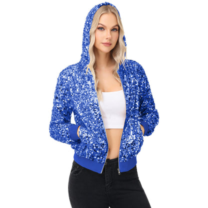 Anna-Kaci Women's Zip-Up Hoodie Jacket with Allover Sequin Embellishments and Ribbed Trim