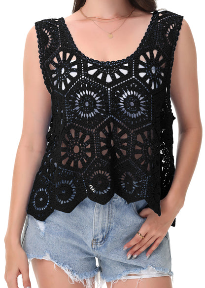 Anna-Kaci Women's Crochet Knit Tank Top with Hollow Flower Sleeveless Boho Lace Cover Up