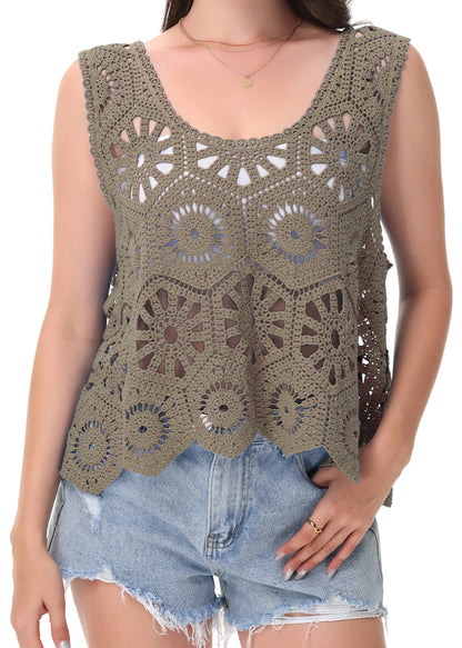 Anna-Kaci Women's Crochet Knit Tank Top with Hollow Flower Sleeveless Boho Lace Cover Up