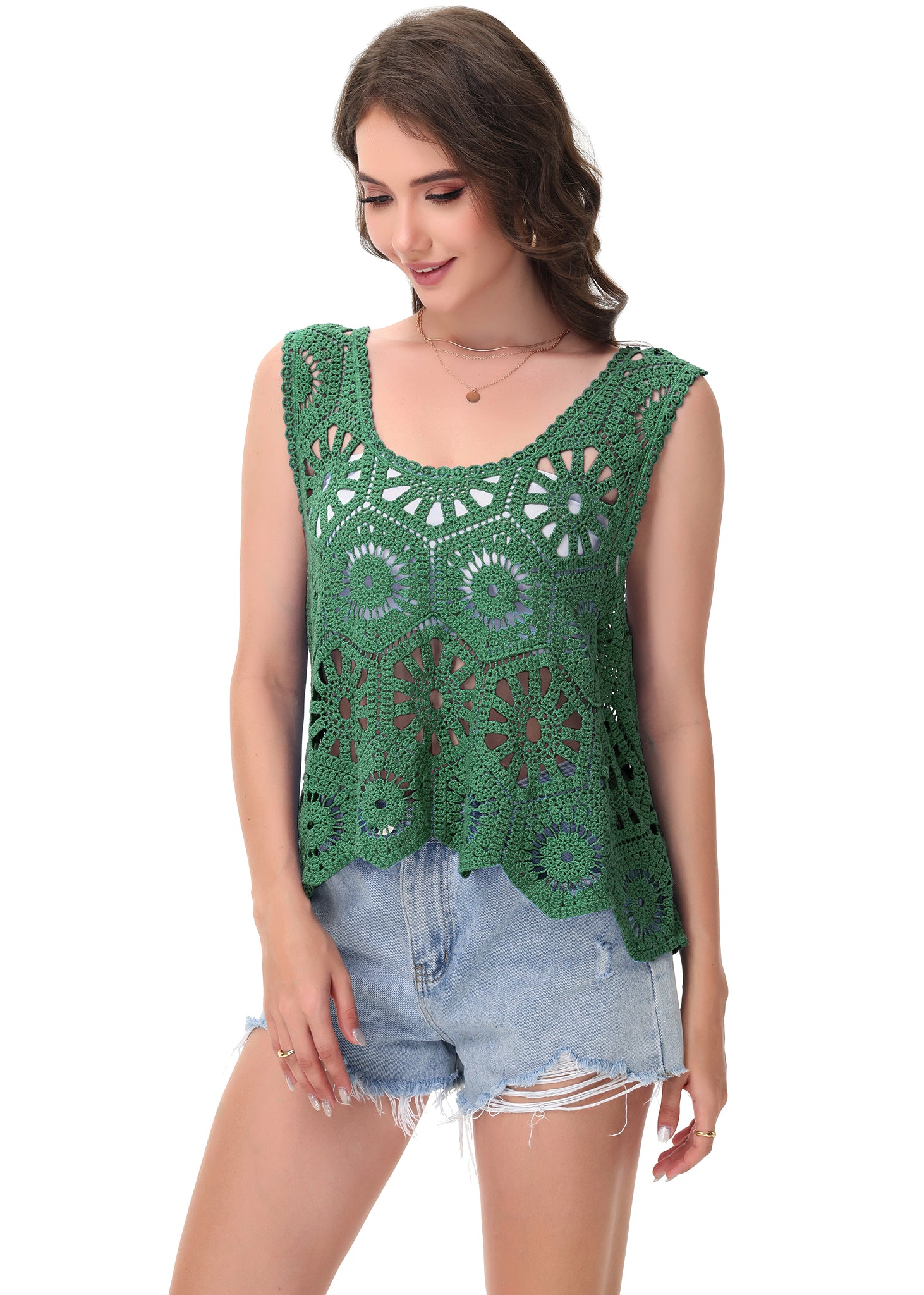 Anna-Kaci Women's Crochet Knit Tank Top with Hollow Flower Sleeveless Boho Lace Cover Up