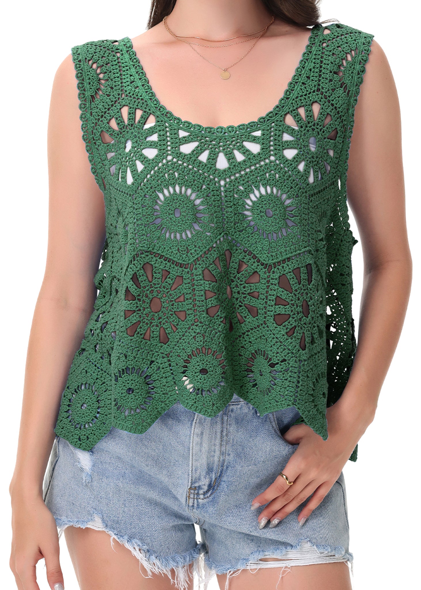 Anna-Kaci Women's Crochet Knit Tank Top with Hollow Flower Sleeveless Boho Lace Cover Up