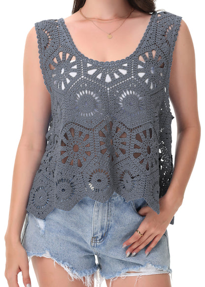 Anna-Kaci Women's Crochet Knit Tank Top with Hollow Flower Sleeveless Boho Lace Cover Up