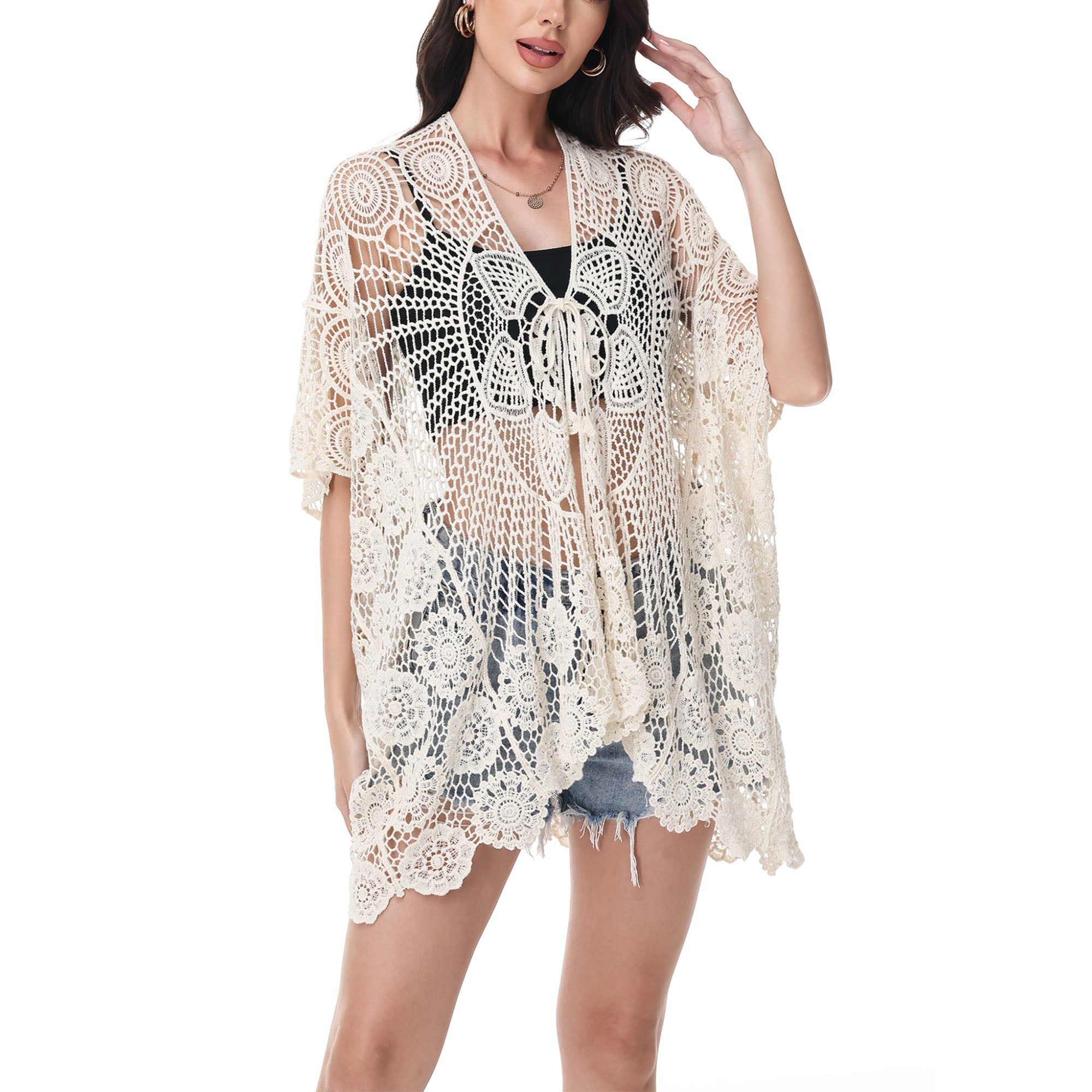 Anna-Kaci Women's Open Front Crochet Cover-Up with Floral Pattern and Short Sleeves