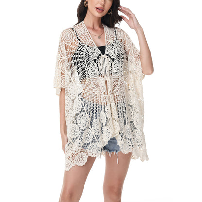 Anna-Kaci Women's Open Front Crochet Cover-Up with Floral Pattern and Short Sleeves