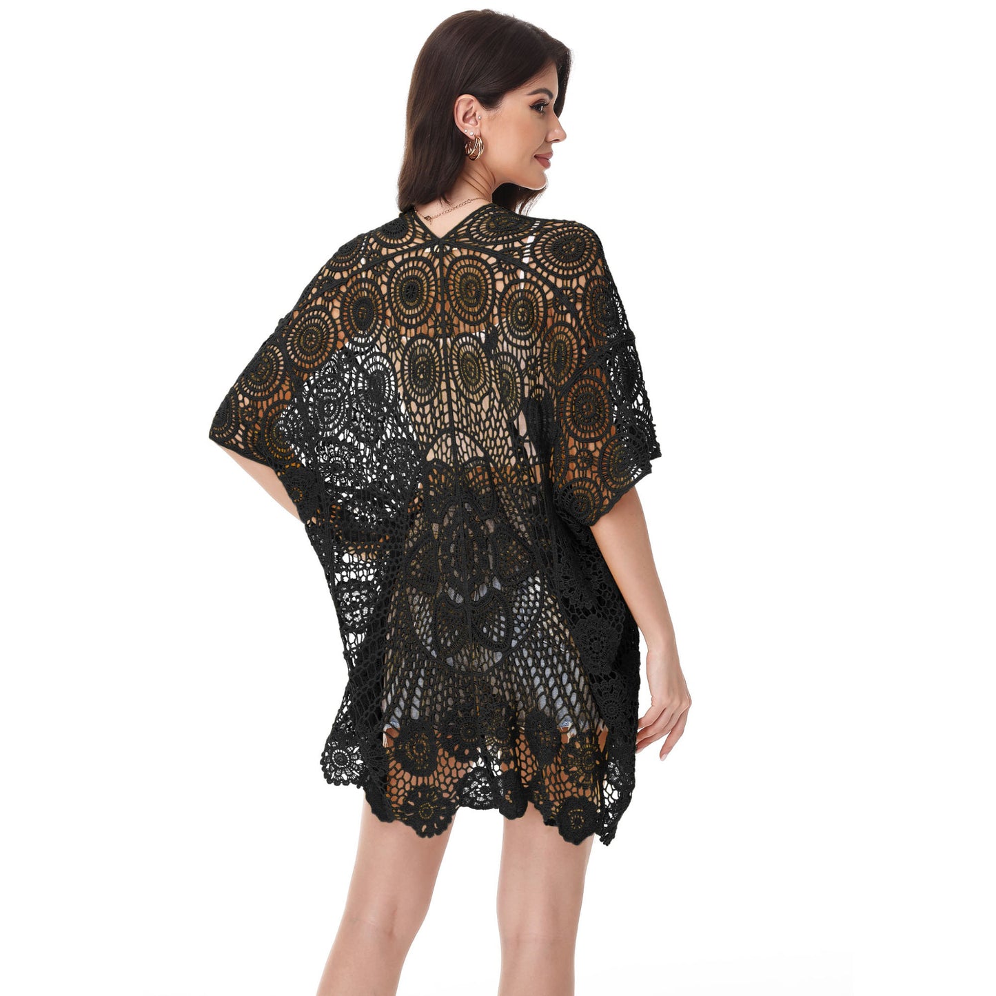 Anna-Kaci Women's Open Front Crochet Cover-Up with Floral Pattern and Short Sleeves