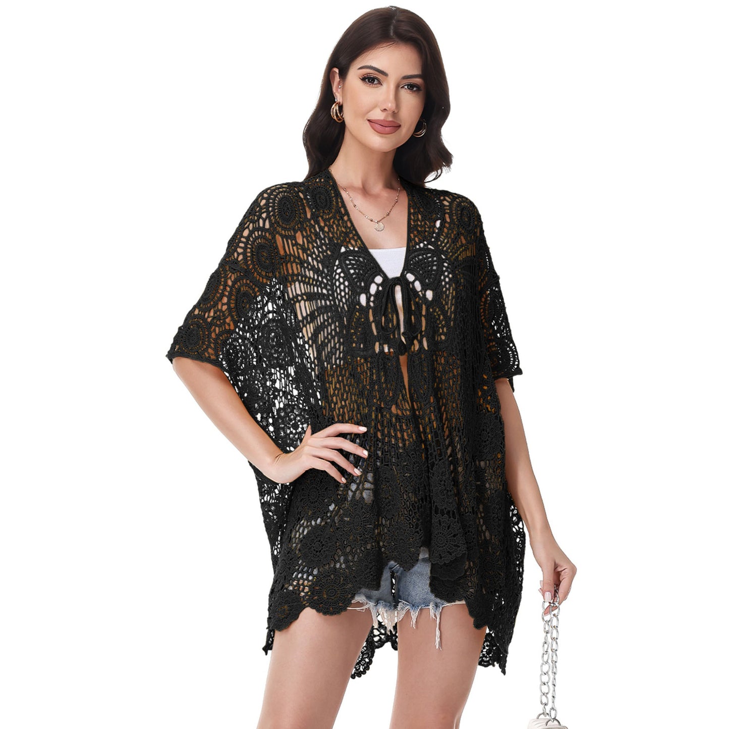 Anna-Kaci Women's Open Front Crochet Cover-Up with Floral Pattern and Short Sleeves