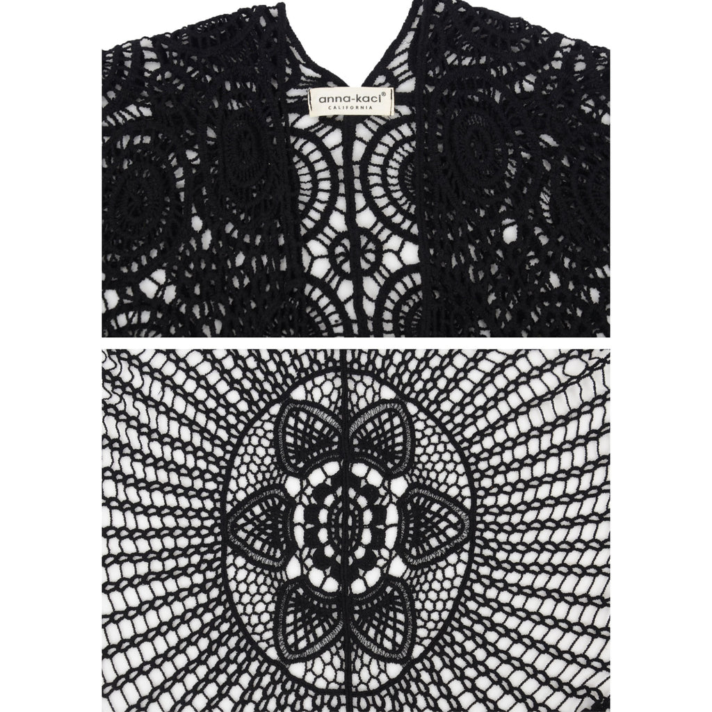 Anna-Kaci Women's Open Front Crochet Cover-Up with Floral Pattern and Short Sleeves